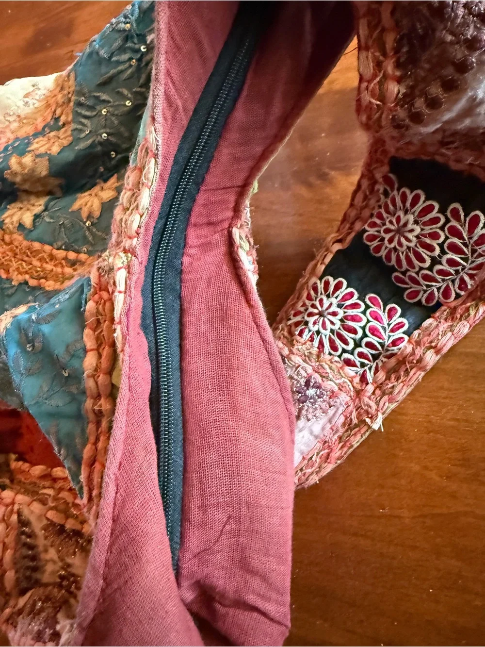 Embroidered Patchwork Hobo Bag in Teal, Pink and Gold